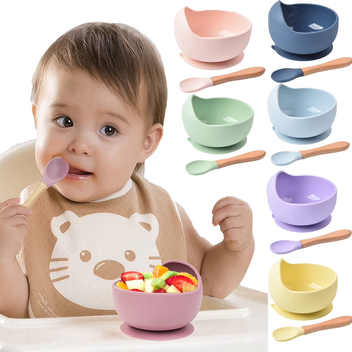 Anti-Spill Silicone Suction Bowl & Spoon Set for Babies